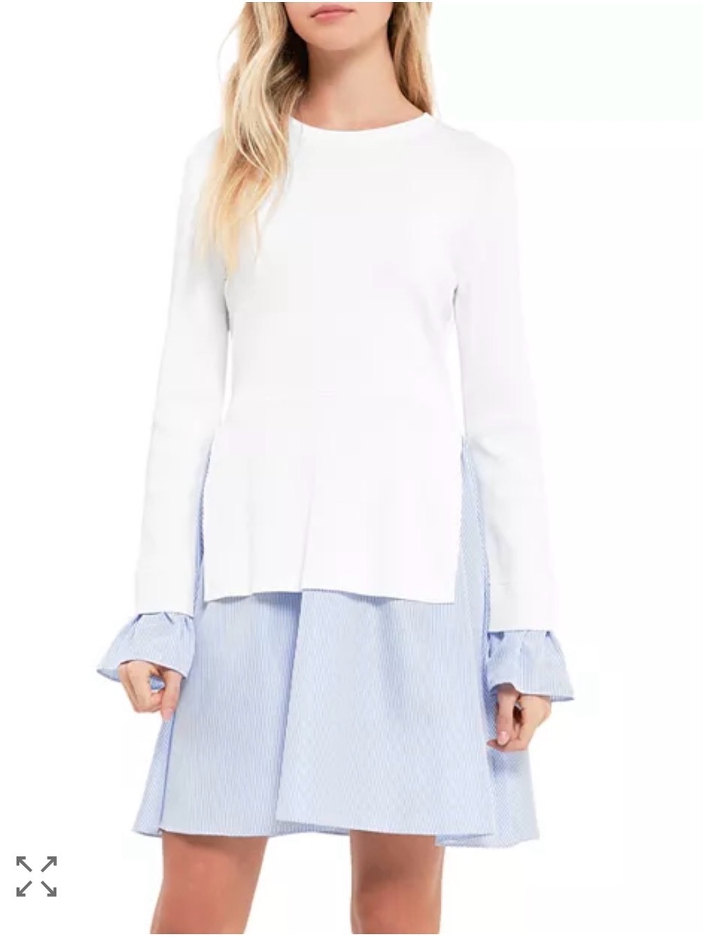 NWOT English Factory Mixed Media Knit Dress in blue and white poplin Size Small